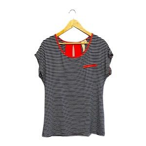 ROBIN K | Womens Navy Striped Short Sleeve Shirt Accented with Coral Mesh